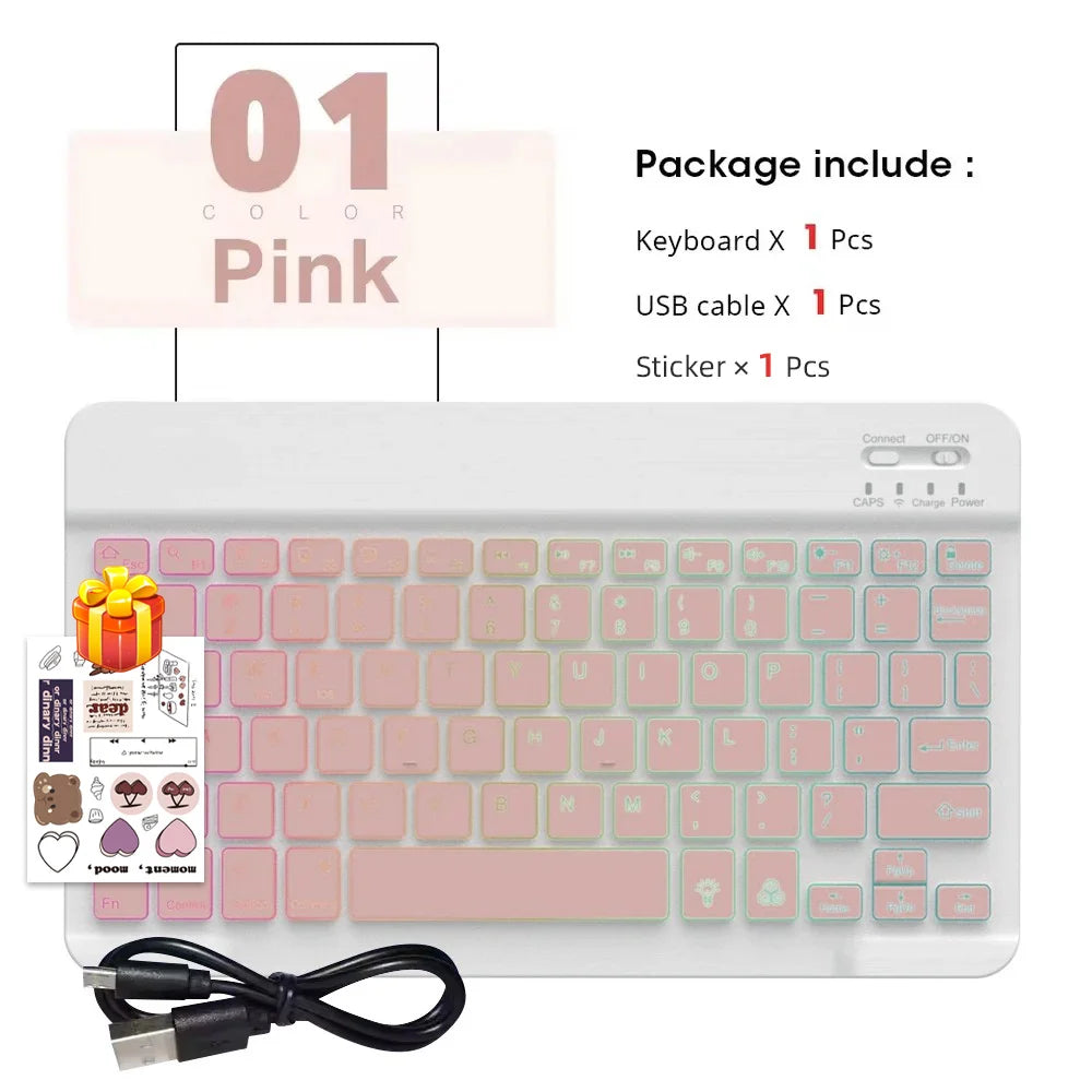 Pink portable keyboard set including a keyboard, USB cable, and sticker