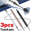 Three colored capacitive stylus pens shown next to a bottle for touchscreen use