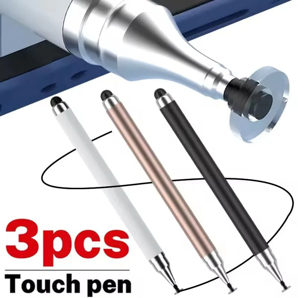 Three colored capacitive stylus pens shown next to a bottle for touchscreen use