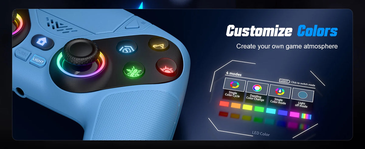 An RGB wireless gaming controller is shown with customization options to create a game atmosphere.