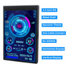 A black mini monitor displaying PC performance statistics with various technical specifications and a dynamic theme.