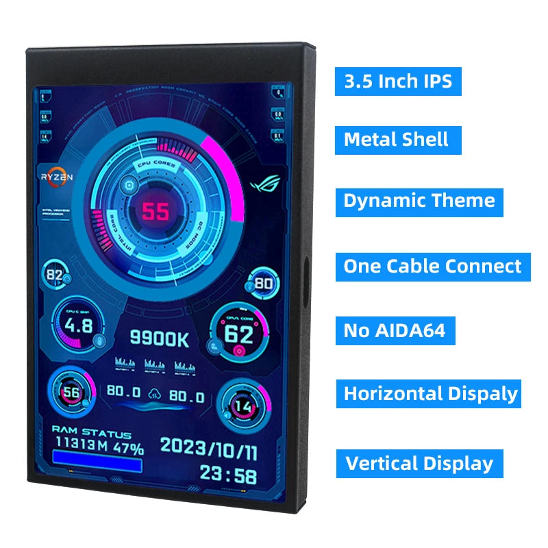 A black mini monitor displaying PC performance statistics with various technical specifications and a dynamic theme.