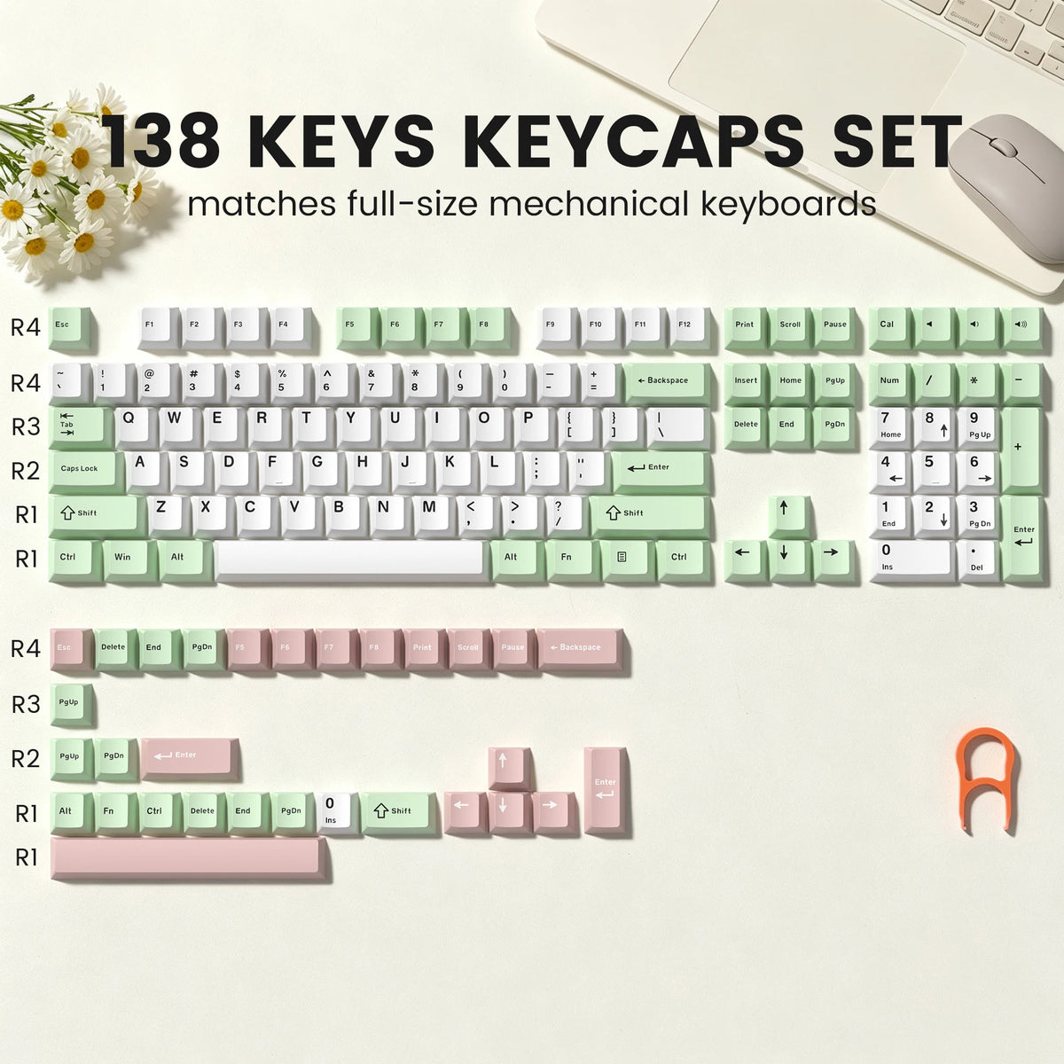 A set of 138 keycaps for full-size mechanical keyboards shown next to a laptop and a mouse.