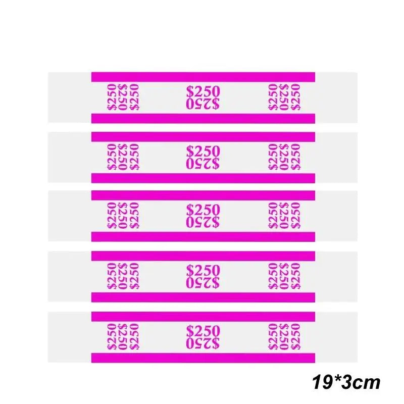 A display of self-sealing money straps in various shades of pink and purple, showing price options.