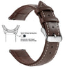 A brown genuine leather watch band featuring quick release spring bars and a slide lever for easy strap attachment.