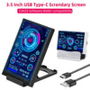A black 3.5 inch USB Type-C secondary screen displaying PC performance statistics and an attached cable.