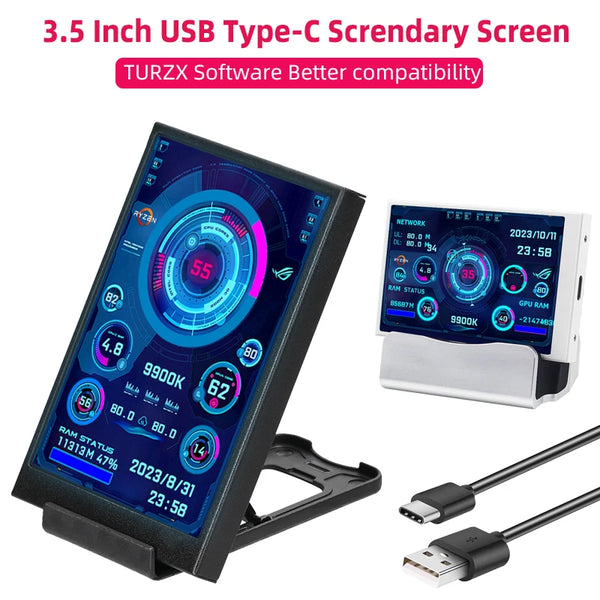 A black 3.5 inch USB Type-C secondary screen displaying PC performance statistics and an attached cable.