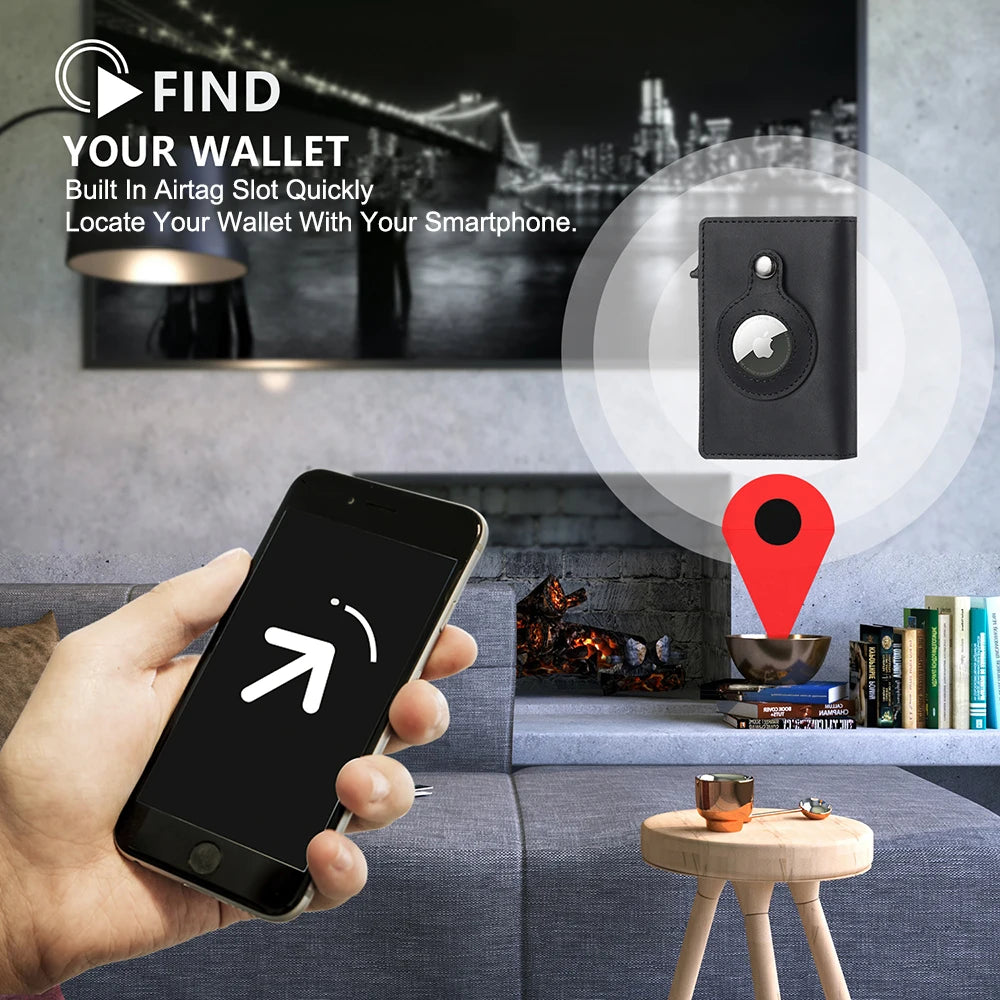 A hand holds a smartphone displaying an app interface for finding a wallet, with a leather wallet shown nearby.