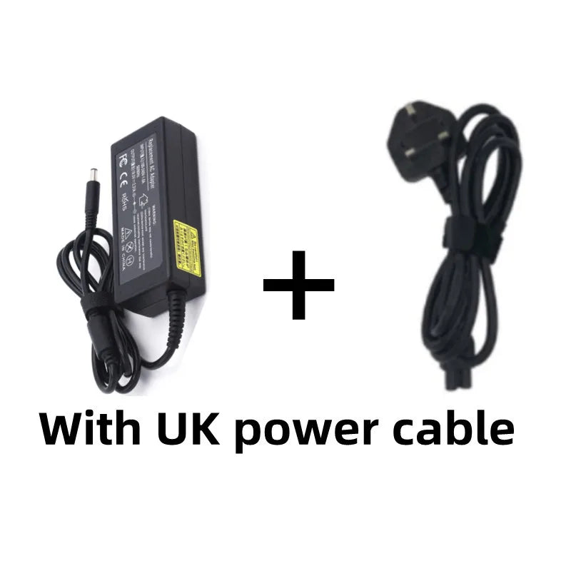 Schwarzer universeller Laptop-Ladegerät mit UK-Netzkabel und Pluszeichen