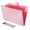 A pink A4 document accordion folder with a snap button and a color palette strip.
