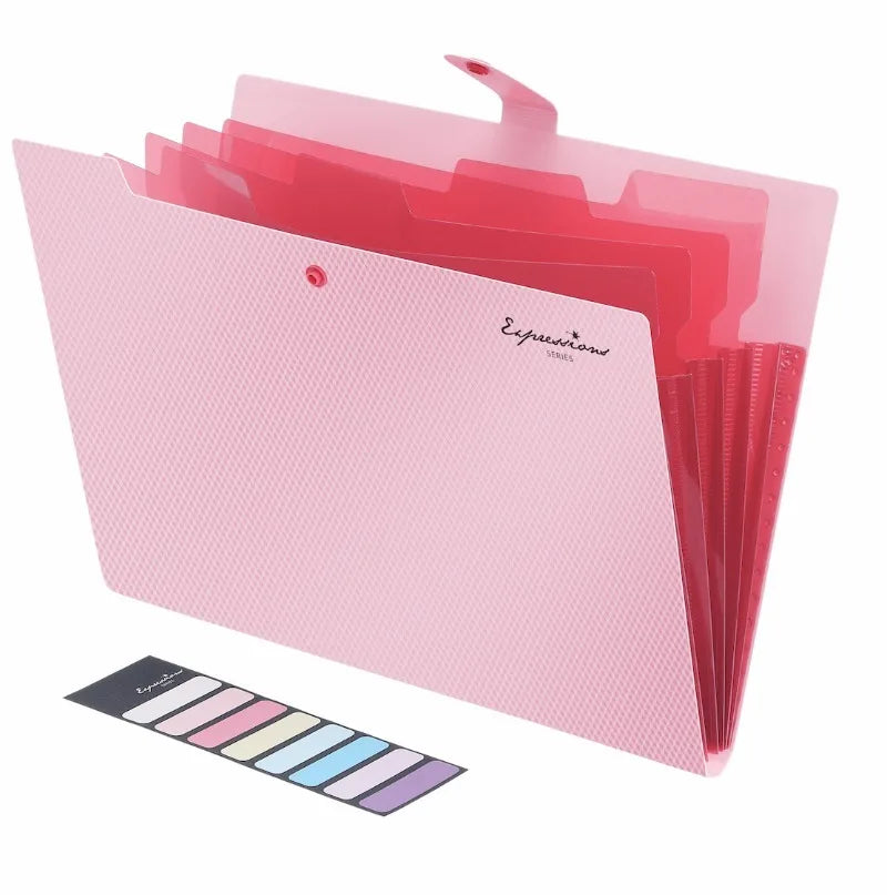 A pink A4 document accordion folder with a snap button and a color palette strip.