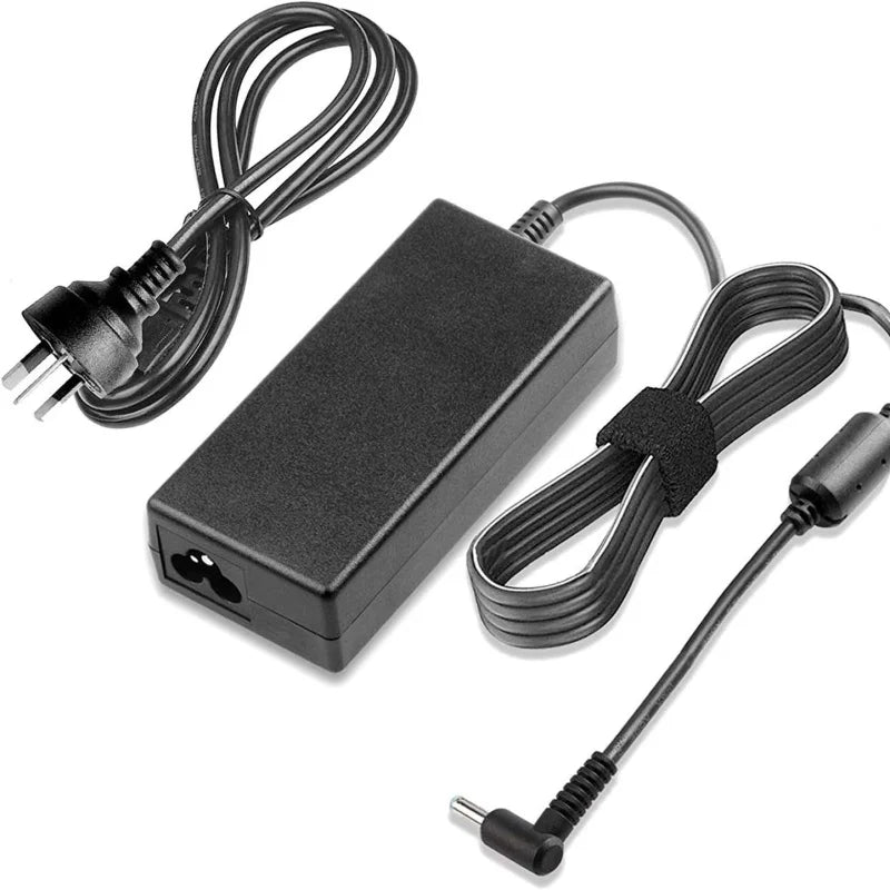 Black 65W AC adapter for HP laptops with coiled cables and a rectangular power brick.