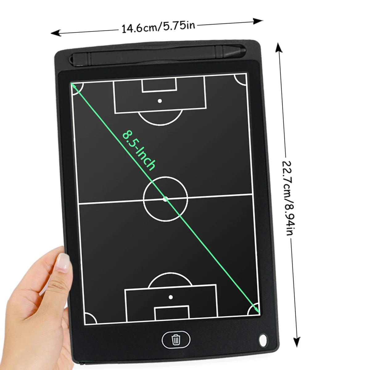 Schwarzes taktisches Strategie-Markierungstafel für Sporttraining mit Feldaufteilung und grüner Linie, die eine 21,6 cm Messu