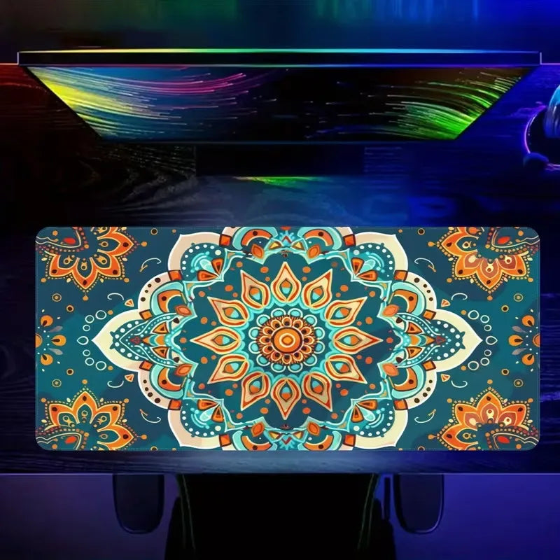 A vintage Persian rug design mouse pad featuring intricate teal and orange floral patterns on a dark surface.