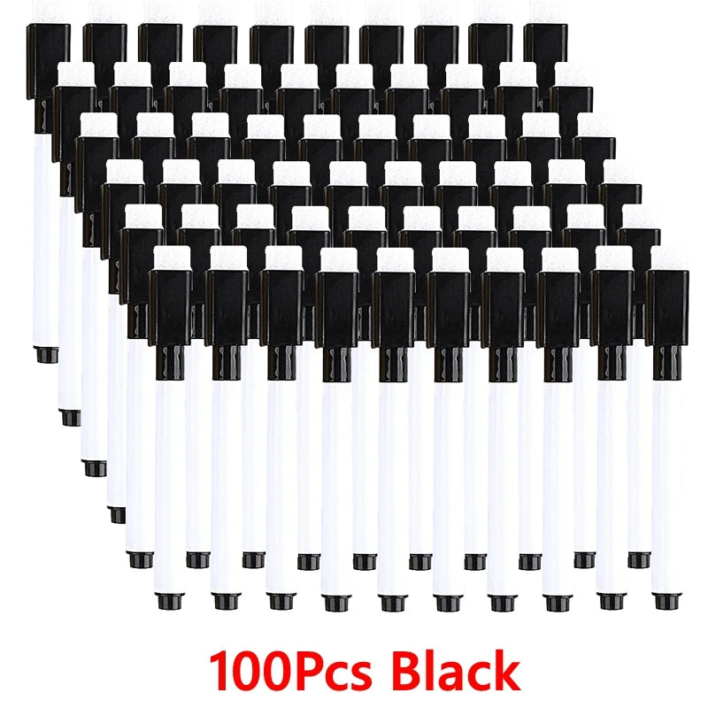 A set of 100 black dry erase markers with magnetic erasers arranged in rows.