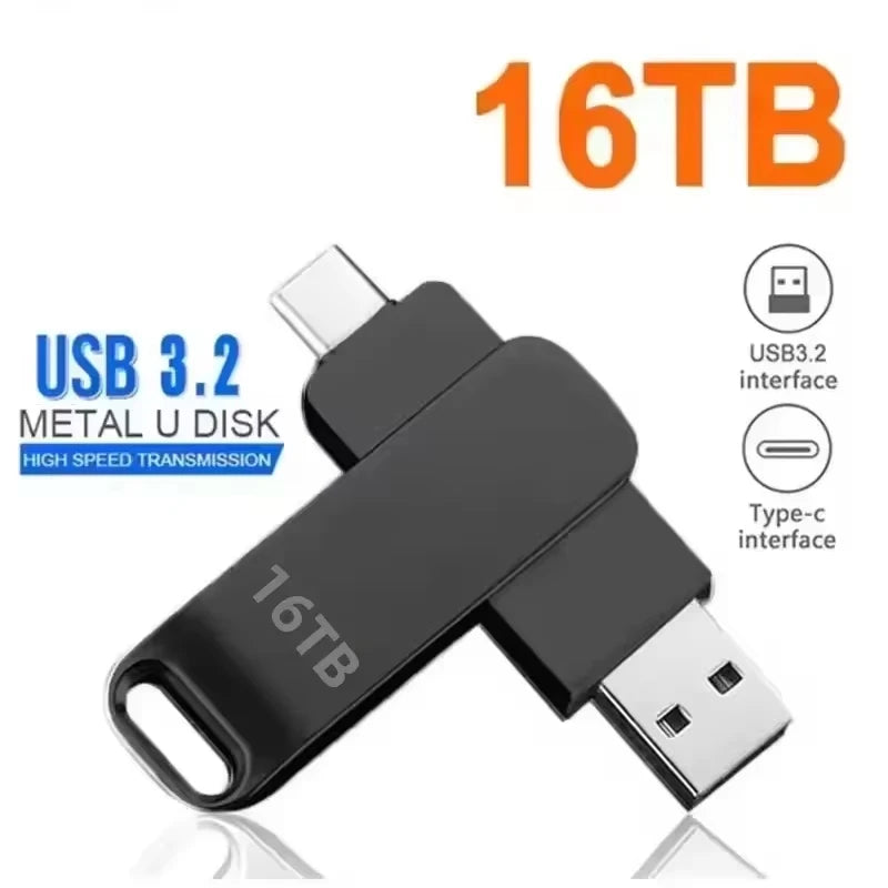 A black 16TB USB 3.2 Metal U disk with a Type-C interface connector.