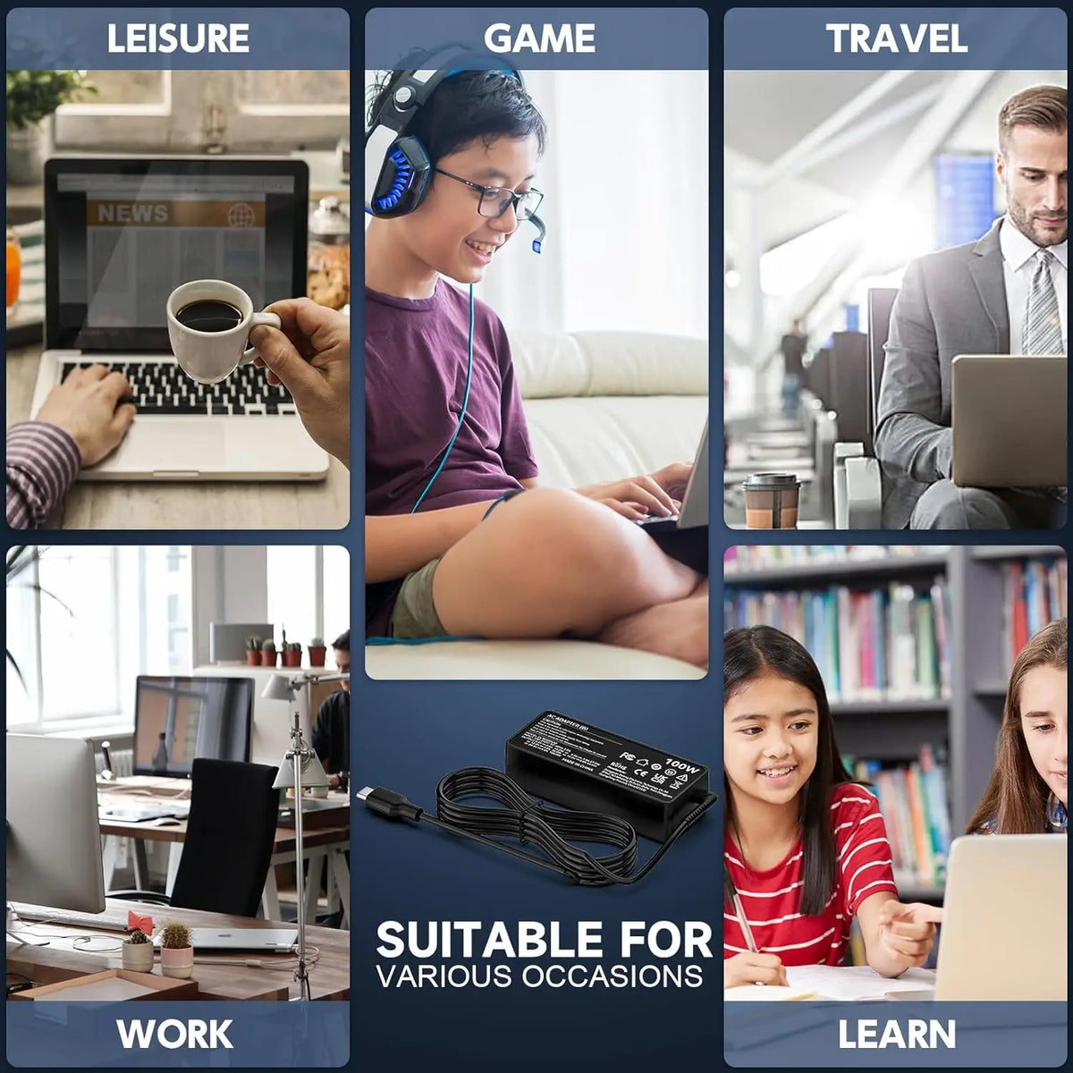 Collage von Freizeit, Spielen, Reisen, Arbeit und Lernen mit Fokus auf einen Multi-Output USB-C Laptop