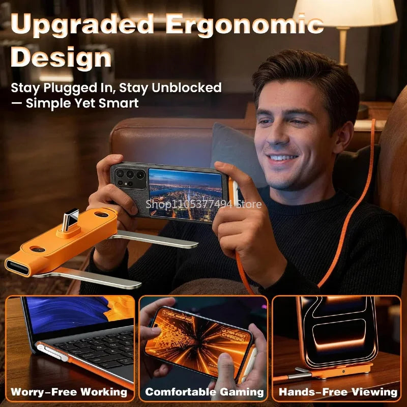 A man is using a orange and silver 2-in-1 fast charging data cable with a phone stand for hands-free viewing and gaming.