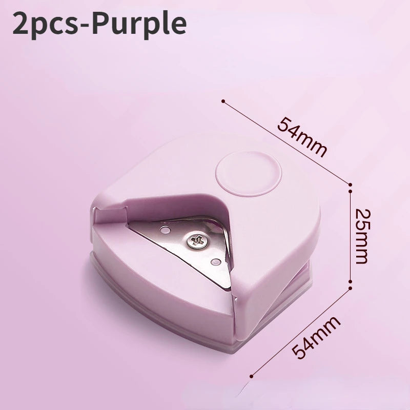 A purple precision corner cutter tool shown from above, highlighting its dimensions and design.