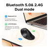 Ergonomic vertical wireless mouse shown next to a laptop, illustrating Bluetooth 5.0 and 2.4G dual mode connectivity.