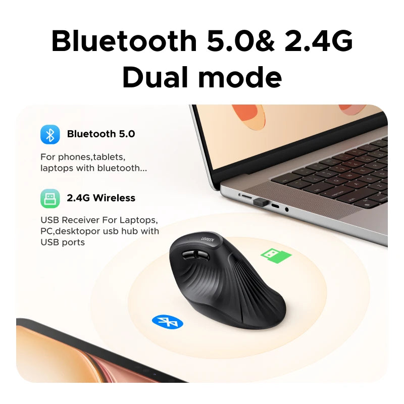 Ergonomic vertical wireless mouse shown next to a laptop, illustrating Bluetooth 5.0 and 2.4G dual mode connectivity.