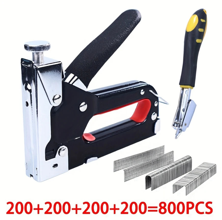 A silver and black heavy duty manual multi-use staple gun with assorted staples and a stapler tool.