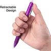 A hand holds a purple retractable gel pen with a silver tip, demonstrating its design.