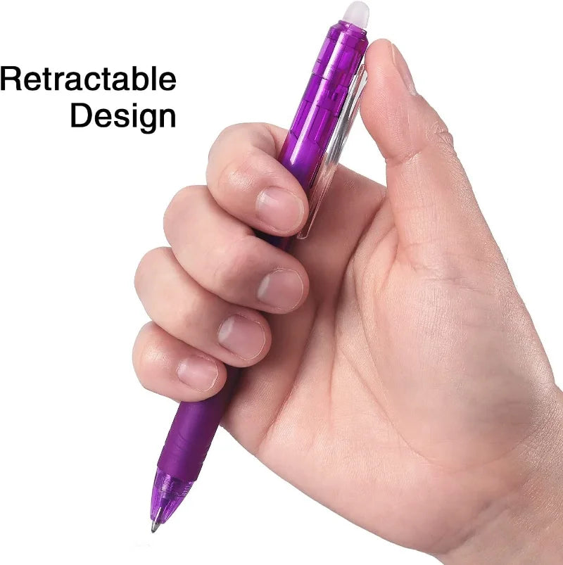A hand holds a purple retractable gel pen with a silver tip, demonstrating its design.