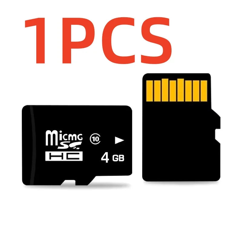 One piece of a black MicroSD memory card with a yellow contact area labeled 4 GB.