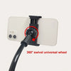 A black adjustable phone stand with a 360 degree swivel wheel is shown mounted on a white tablet.