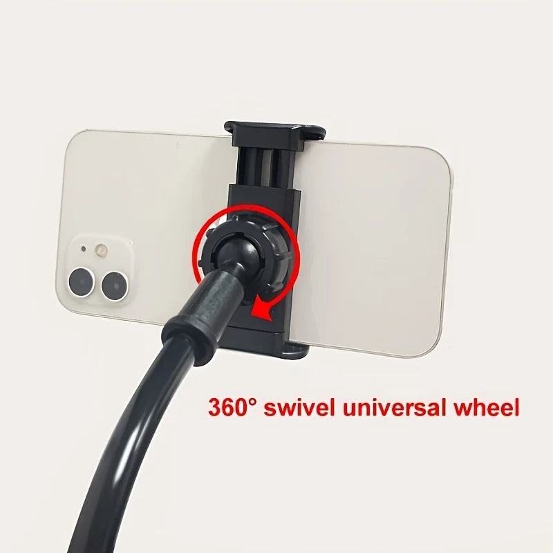 A black adjustable phone stand with a 360 degree swivel wheel is shown mounted on a white tablet.