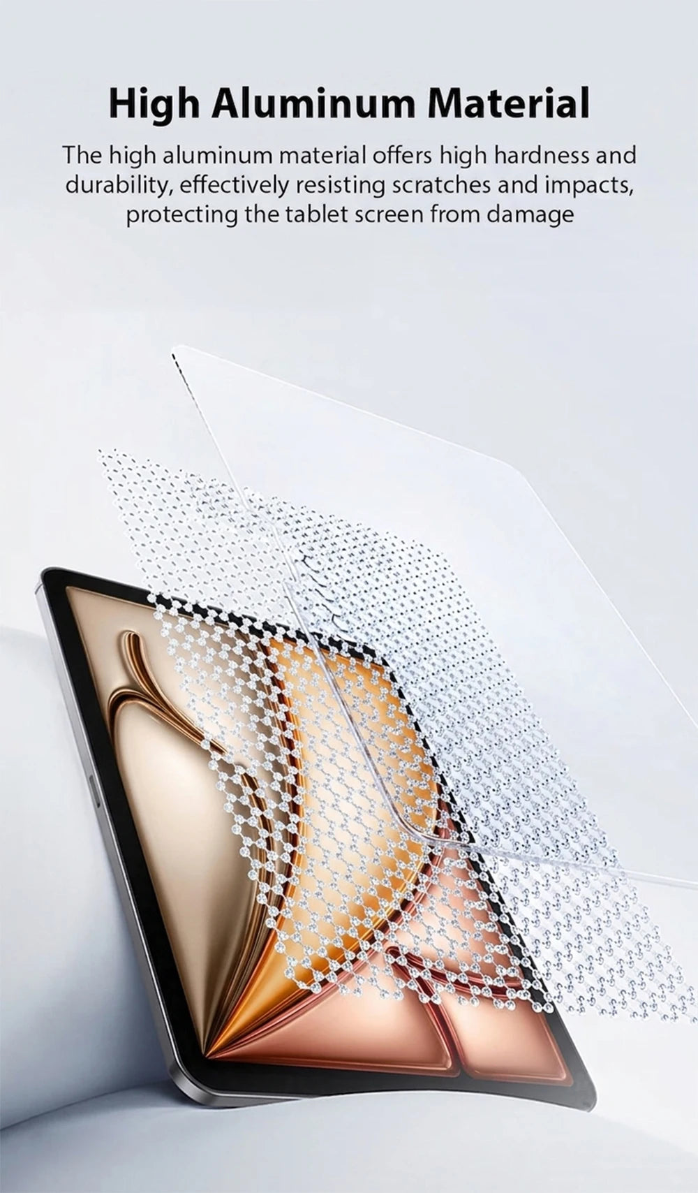 A close-up of a tablet screen protected by a clear, textured aluminum material screen protector.