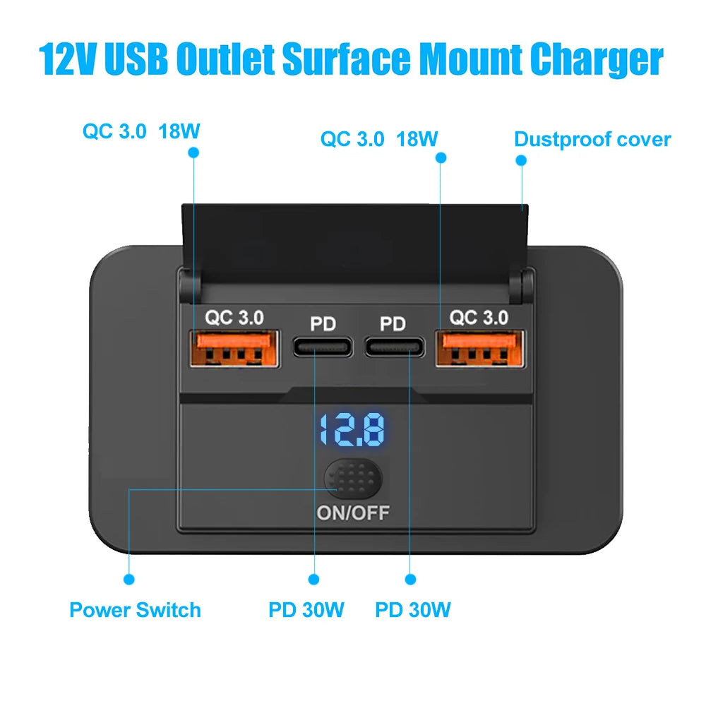 Schwarzer 12V USB-Ausgang, montierbare Ladegereät mit QC 3.0 und PD-Anschlüssen sowie einem Ein/Aus-Schalter.