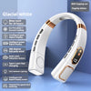 A white portable bladeless neck fan shown in a profile view with various features listed.