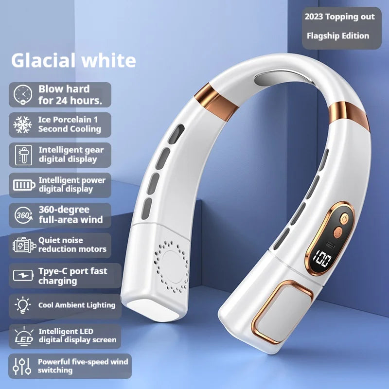 A white portable bladeless neck fan shown in a profile view with various features listed.