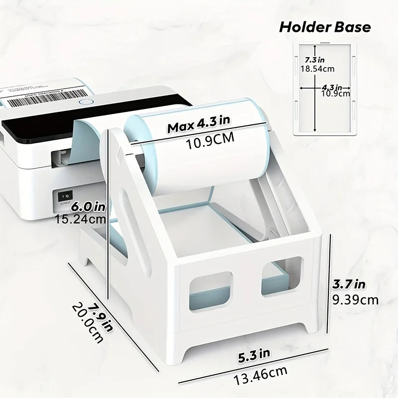A white holder base for thermal labels, showing dimensions and a roll of label paper.
