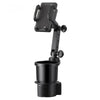 Black universal car cup holder mount with a 360-degree rotating phone holder.