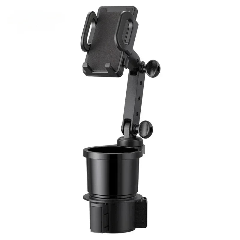 Black universal car cup holder mount with a 360-degree rotating phone holder.