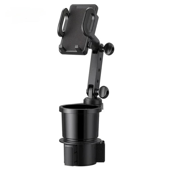 Black universal car cup holder mount with a 360-degree rotating phone holder.