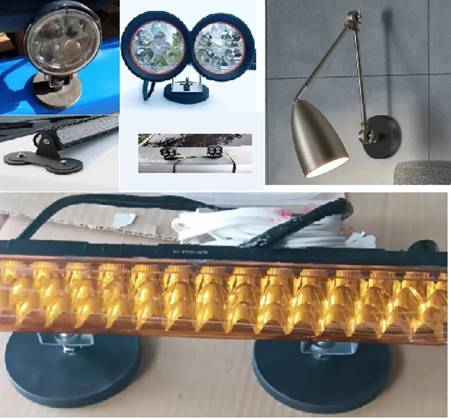 Various magnetic base mount brackets and LED light fixtures shown in different configurations.