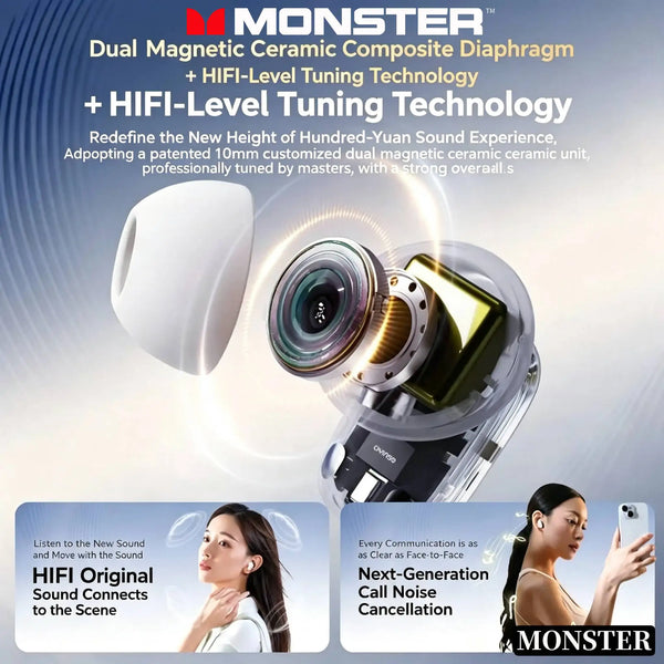 Monster dual magnetic ceramic diaphragm tuning technology for wireless earbuds