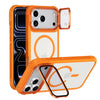 An orange magnetic shockproof iPhone case with camera lens protection shown in various configurations.