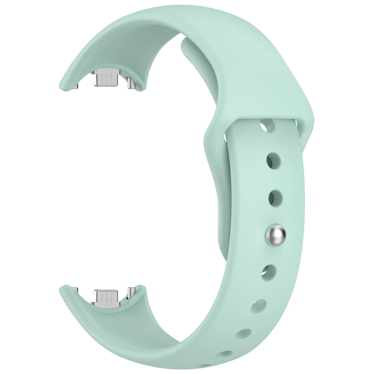 A light mint green silicone replacement strap for a Mi Band watch, shown in a curved form.