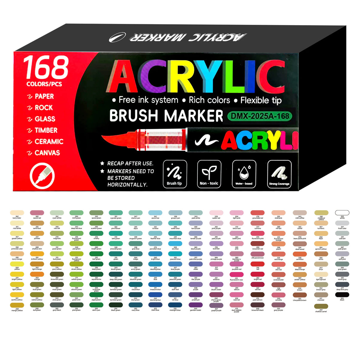 Box of 168 acrylic brush markers in various colors and tips for DIY crafts