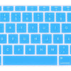 A close-up view of a light blue silicone keyboard cover for a laptop, showing the full layout of a standard QWERTY keyboard.
