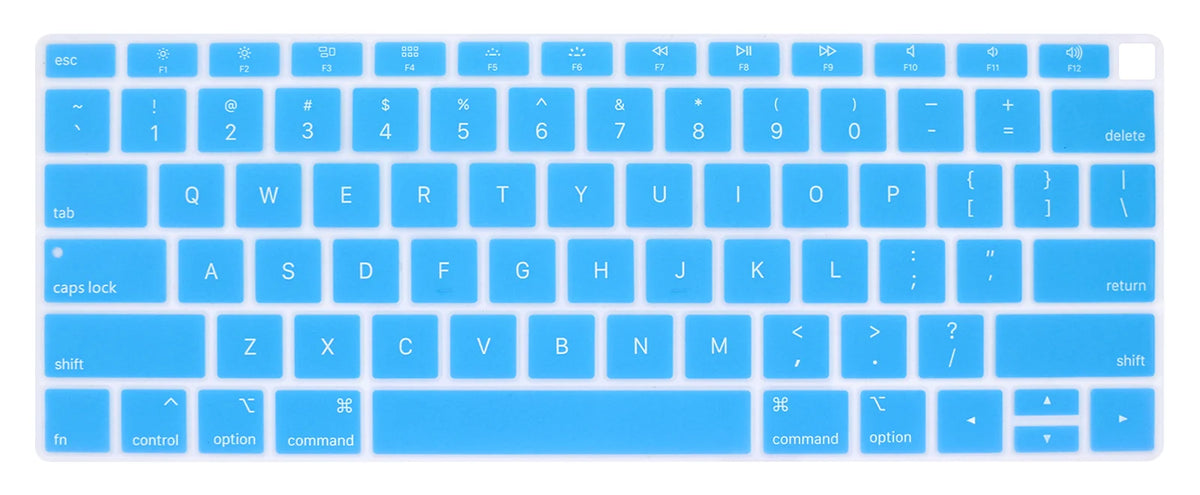 A close-up view of a light blue silicone keyboard cover for a laptop, showing the full layout of a standard QWERTY keyboard.