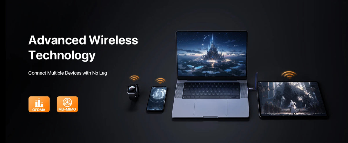 A laptop is shown with various devices connected, illustrating advanced wireless technology like OFDMA and MU-MIMO.
