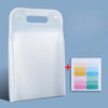 A clear plastic 13-pocket accordion file organizer with a handle and color palette swatch shown next to it.