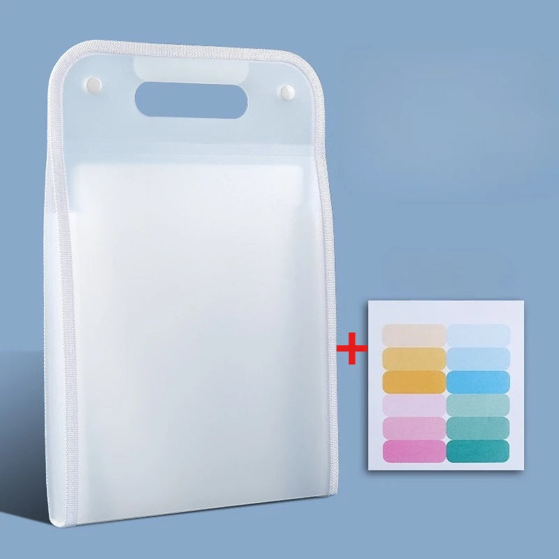 A clear plastic 13-pocket accordion file organizer with a handle and color palette swatch shown next to it.