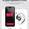 A smartphone screen shows a face-to-face translation interface with Spanish text and an earphone is shown next to it.